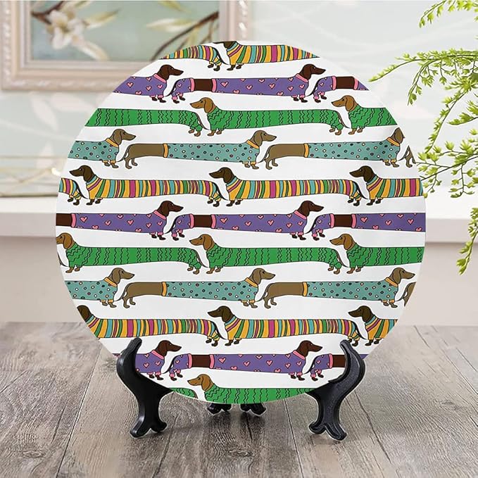 Ceramic Display Plate, Dog Lover Ceramic Hanging Decorative Plate, Cartoon Style Dachshunds Dressed in Pyjamas Chevron, 10 Inch, Living Room Kitchen Decoration Household, Multicolor