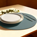Round Vinyl Blue Placemats Set of 6, Faux Leather Waterproof Wipeable Heat Resistant Place Mats, Washable Table Mats for Halloween, Thanksgiving & Christmas Dinner(Light Blue)