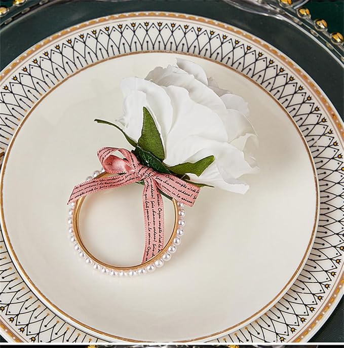 Pearl Napkin Rings Set of 6,Rustic Rose Napkin Rings Flower Dinner Napkin Holder for Table Decoration (21#White)