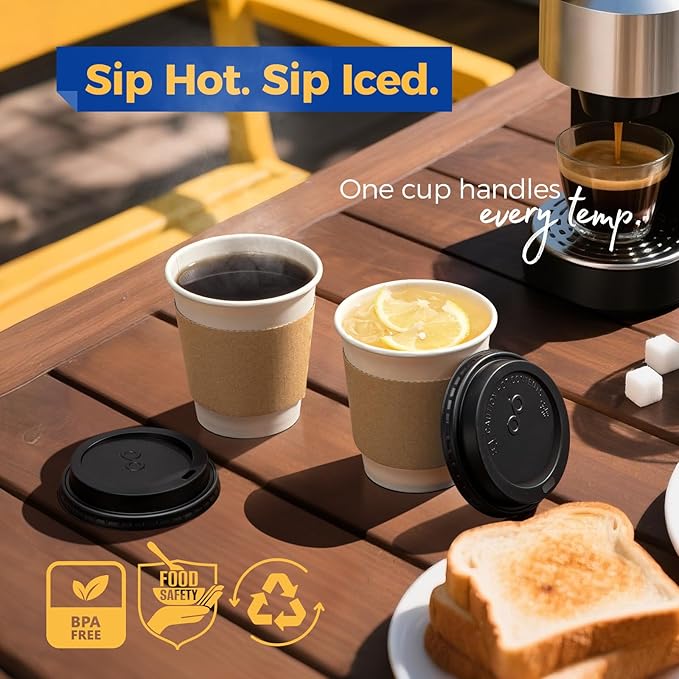 Fit Meal Prep 50 Pack 10 oz Disposable Coffee Cups with Lids, Sleeves, Leak-Proof To Go Coffee Cups with Lids, Durable Paper Cups for Hot Beverage, Home, Office, Party
