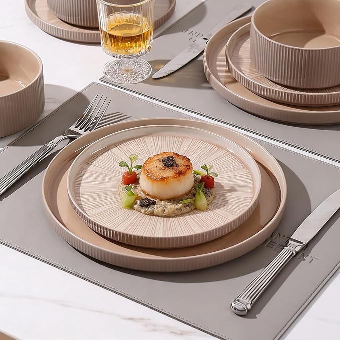 Dinnerware Sets for 8, Ceramic Plates and Bowls Set 24 Piece Dinnerware Chip Resistant Stoneware, Dishwasher and Microwave Safe-Brown