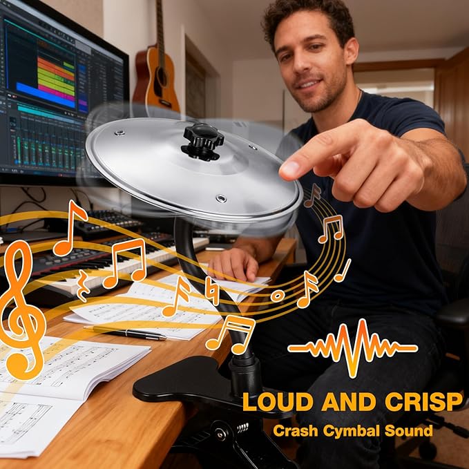 2PCS Desktop Crash Cymbal with Clamp Mount, Desk Symbol Drum for Desk Edge, Easy Install, Fun Desk Accessory for Drummers & Music Lovers, Cool Tabletop Accessories for Entertainment - Silver