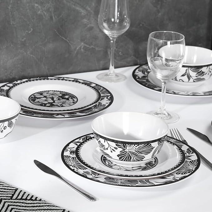 Melamine Dinnerware Sets 12pcs-Melamine Plates and Bowls Set Black Flower Lily Pattern Indoor Outdoor Use Unbreakable Dishwasher Safe