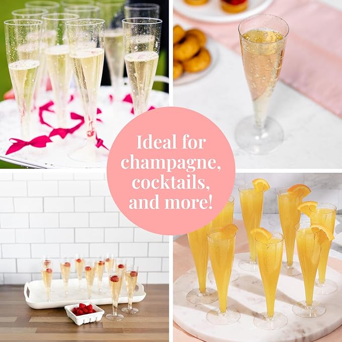 Prestee 200 Disposable Champagne Flutes Plastic 200 Pack - Silver Glitter Champagne Flutes for Weddings, Parties, and New Year’s Eve - 4.5 Oz Plastic Silver Party Glasses