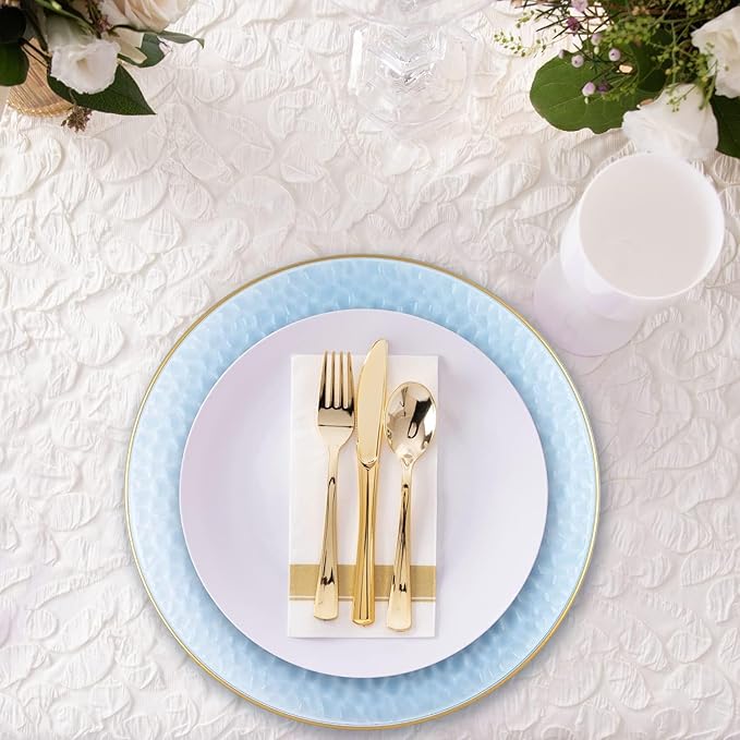 PARTY BARGAINS 13-Inch Charger Plates - 4 Pack, Hammered Blue Gold Rim, Heavy-Duty Disposable Chargers for Elegant Dining - Ideal for Weddings and Formal Events
