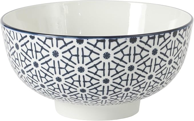 Gibson Home Castle Way 4-Piece Serving Bowl Set, 8 Inch Round Stoneware Bowls, Blue & White Assorted Pattern, Decorative Everyday Use