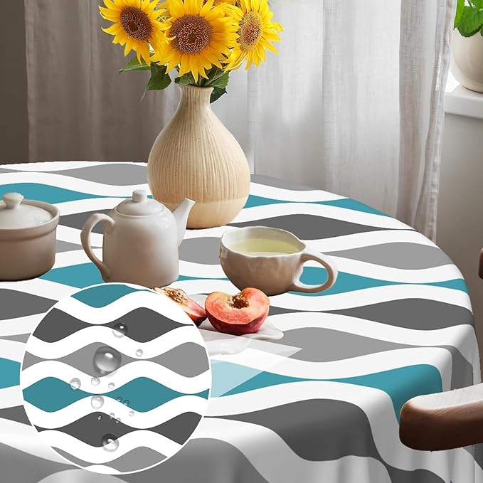 Laeacco 36 Inch Geometric Round Tablecloth Blue and Grey Waved Stripes Modern Abstract Art Print Table Cloth Washable Waterproof Wrinkle Free Table Cover for Kitchen Dining Picnic Party Decoration