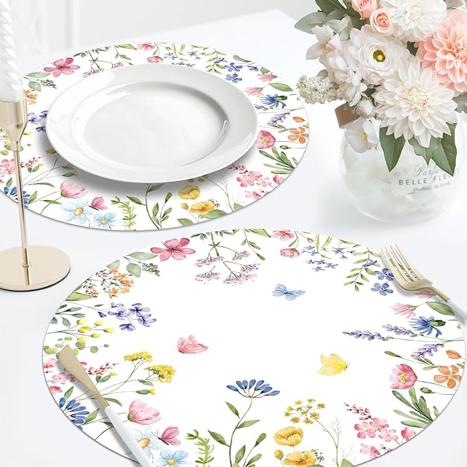 50PCS Floral Disposable Paper Placemats Watercolor Butterfly & Floral Disposable Round Table Mats for Spring Weddings, Brunch & Garden Parties