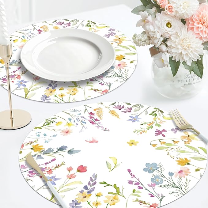 50PCS Floral Disposable Paper Placemats 13.5 Inch Flowers Placemats Pastel Watercolor Round Table Mats for Spring Weddings, Brunch & Garden Parties