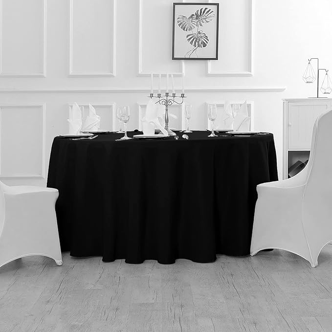 Fokitut 2 Pack Waterproof Round Tablecloth, 132 Inch, Stain Resistant and Wrinkle Polyester Table Cloth, Fabric Table Cover for Kitchen Dining, Wedding, Party, Holiday Dinner-Black