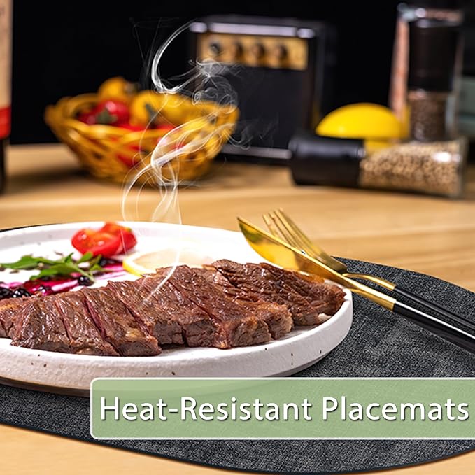 Placemats Set of 12 Washable, Heat Resistant Table Placemats Wipeable Faux Leather Oval Place Mats Non Slip, Waterproof Oval Table Mats for Indoor Outdoor, Charcoal