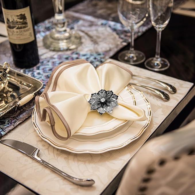 KPOSIYA Flower Napkin Rings Holder Metal Black Napkin Rings Set of 12 for Wedding Party Holiday Banquet Christmas Dinner Delicate Serviette Buckles Decor Favor (12, Black)