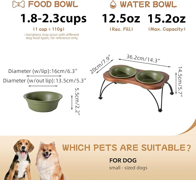 Ceramic 6.3-inch Raised Double-Bowl Set with Non-Slip Stand, 1.5 Cup Food or 15 oz Water Dishes for Small Dogs, Wide Opening with Rounded Edges(Olive Green)
