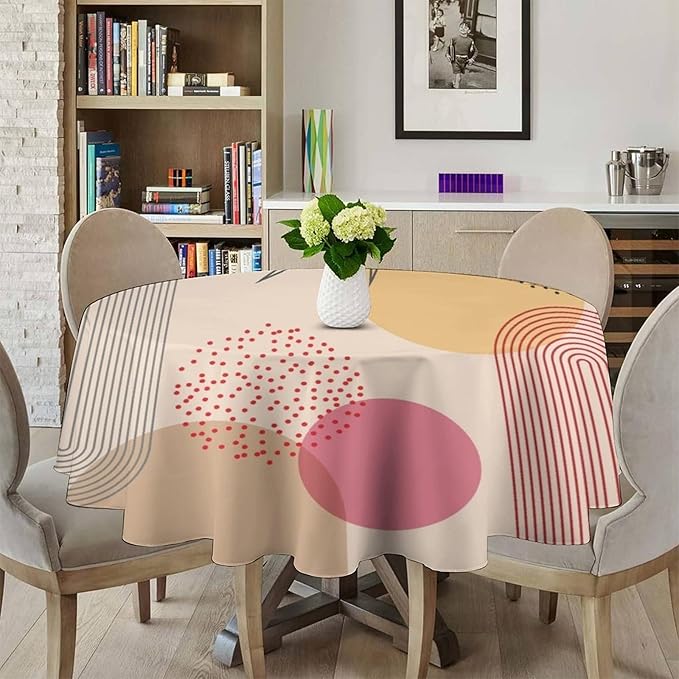 Mid Century Boho Round Tablecloth, Abstract Modern Sun Arch Curve Leaves Geometric Print Tablecloth for Home Party Dining Room Kitchen Decor 70Inch(178cm)
