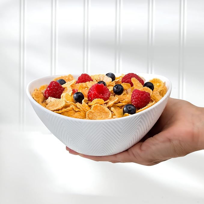 Euro Ceramica Highlands 3 Piece Porcelain Serving Bowls Set, Modern Chevron Texture, White - 40oz, 36oz, and 10oz, Chip Resistant - Nesting - Perfect for salads fruits dips