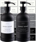 Hand and Dish Soap Dispenser for Kitchen and Bathroom, Set of 2 16 Oz Glass Bottles, Stainless Steel Pumps, Non-Slip Silicone Base, 27 Waterproof Labels (Matte Black Bottle/Black Pump)