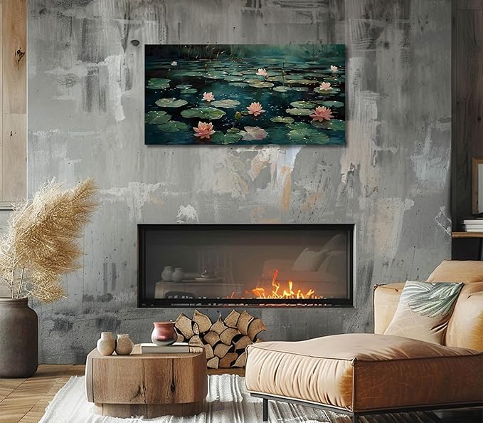 ADJUVANT Wall Art Impressionist Water Lily Pond 60" L x 30" W, Pink Lotus Flowers on Dark Blue Water Canvas Painting Nature Artwork Prints Wall Decor for Living Room Bedroom Bathroom Home Office