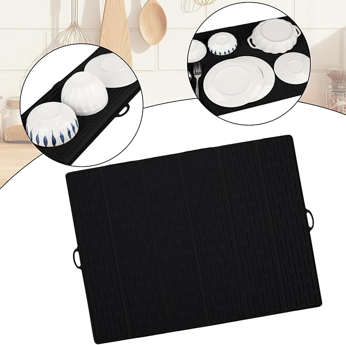 Klyrnd Silicone Dish Drying Mat - Extral Large 20.8" x 15.7" - Heat Resistant Silicone Trivet, Countertop Mat, Dish Draining Mat, Sink Mat, Easy to Clean Foldable Non Slip Dry Pad (Black)