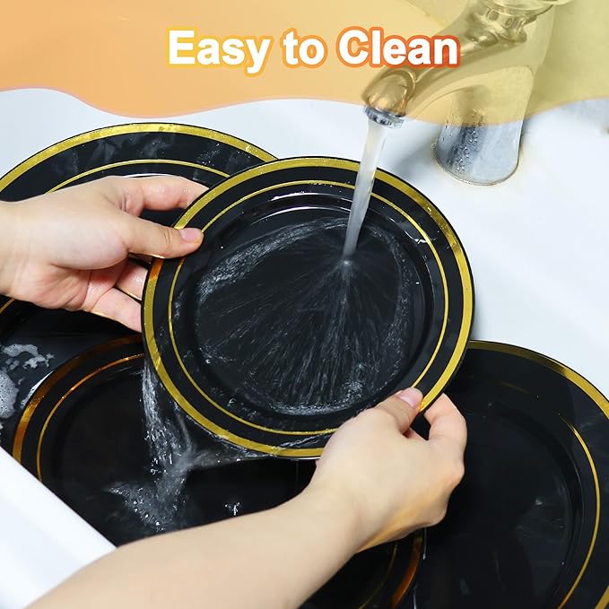 100 PCS Black and Gold Plastic Plates,Disposable Party Black Plates Include 50 10 inch Dinner Plate and 50 7 inch Dessert Plate,Gold Rimmed plates Perfect for Party Holiday,Birthday