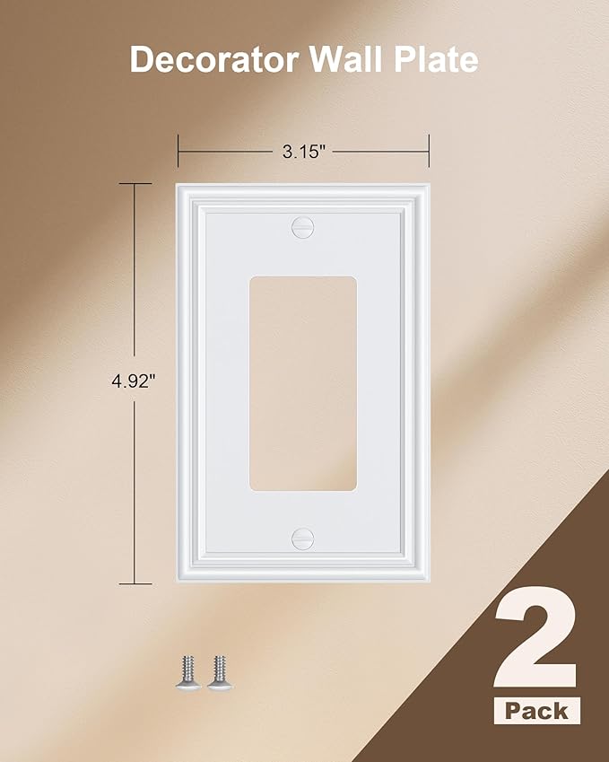 2-Pack Decorator Outlet Cover Plate, White Decorative Switch Plates and Outlet Covers, Durable Zinc Alloy Wall Plates for Electrical Outlets, Receptacle, GFCI Outlet, Dimmer Switch
