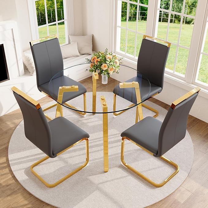 42" Round Glass Dining Table Set for 4,Modern Breakfast Table Set for 4 with Luxury Gold Chrome Legs,Space Saving Kitchen Table and Grey Chairs for Apartment,Easy Assembly