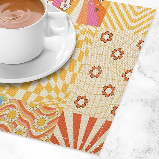 60S 70S Hippie Flower Placemats，Groovy Floral Table Mats for Kitchen Table Boho Vintage Flowers Groovy Aesthetic Placemats for Kids Girls Teens 18"x12" 6 PCS