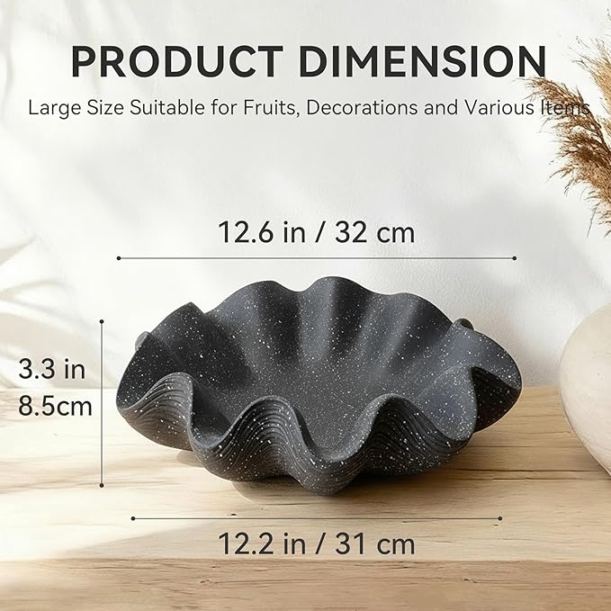 Scalloped Decorative Bowl Home Decor - 12.6" Modern Handicraft Large Shell Ruffle Decorative Fruit Bowl for Kitchen Counter, Chic Key Tray for Entryway Table, Starry Black