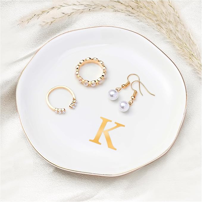 ProCase Ceramic Jewelry Tray, Initial Ring Dish Trinket Plate Engagement Gift, Small Personalized Monogram Ring Bowl for Wedding, White Decorative Jewelry Holder for Women Vanity -Letter K