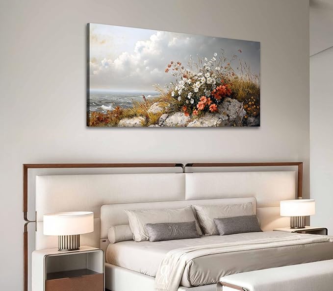 ADJUVANT Wall Art Vintage Coastal Floral Scene 60"L x 30"W, Seaside Wildflowers By The Ocean Canvas Painting Nature Artwork Coastal Blooms Prints Botanic Decor for Living Room Bedroom Bathroom Home Office