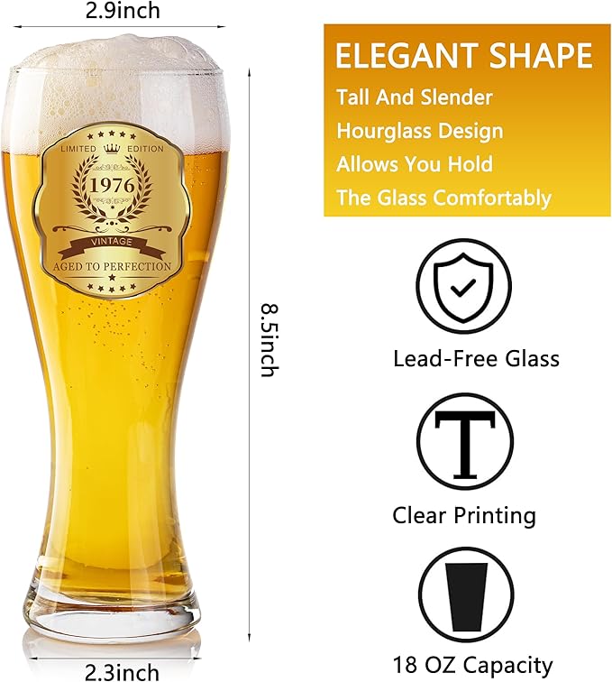 50th Birthday Beer Glasses Gifts, Personalized '1976' Vintage Glass Ware Set for Men, Black Gift Package with Drinking Glass, Coaster, and Card for 50 Years Old Man