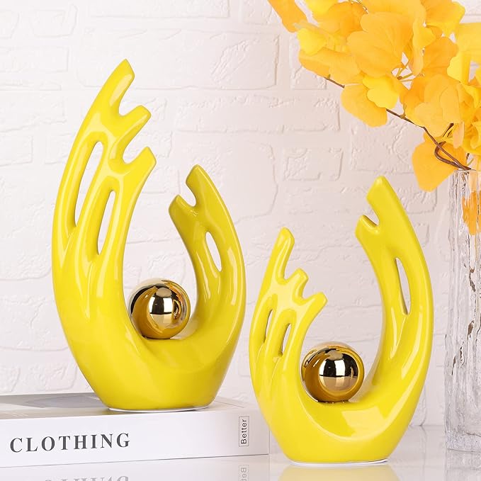 12"H Yellow Gold Aesthetic Room Decor Accent, TV Stand Funky Table Centerpiece, Abstract Art Ceramic Statue and Sculpture, Yellow Decor for Living Room, Bookshelf Decorative Objects, Shelf Decor