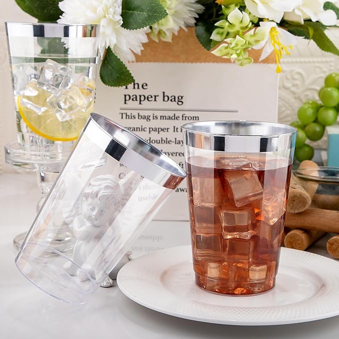 I00000 50 Pack 12 oz Silver Plastic Cups, Silver Rimmed Disposable Cups, Party Wine Glasses Disposable Cocktail Glasses Heavy Duty Cups with Silver Rim, 12 Ounce Plastic Tumblers For Party