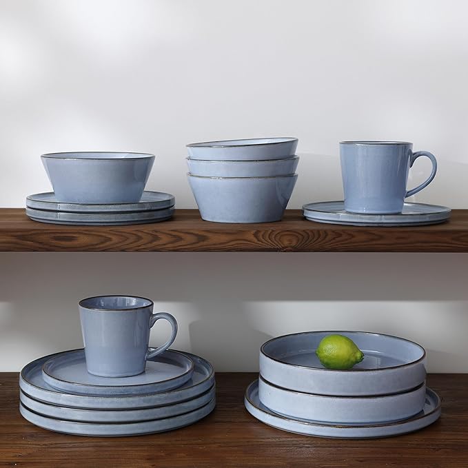 Famiware Annecy Dinner Plates and Bowls Sets, Stoneware Dinnerware Sets, Dishes Set for 6, 18 Pieces Handmade Dishware Set - Microwave & Dishwasher Safe, Double Reactive Glaze Tableware, Reactive Blue