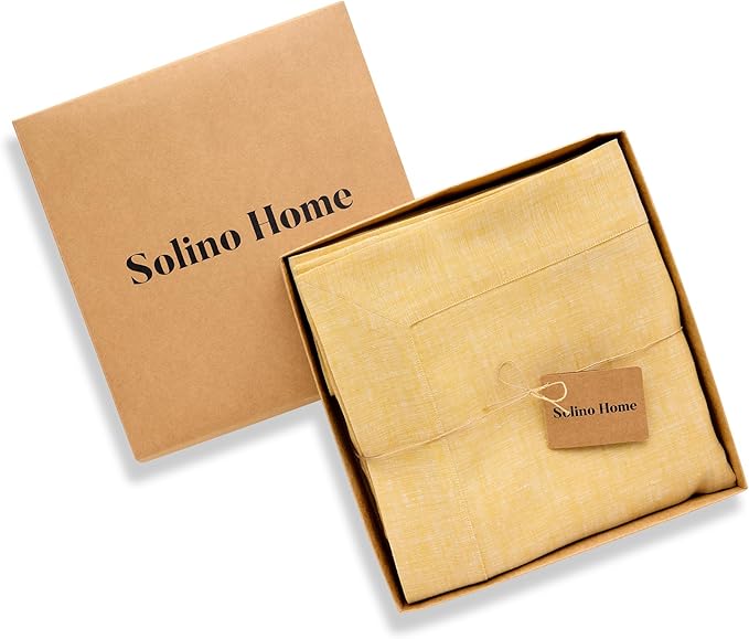 Solino Home Linen Tablecloth 60 x 120 Inch - 100% Pure Linen Chambray Mustard Yellow Table Cloth for Rectangular Tables - Athena, Machine Washable Cloth Tablecloth for Spring, Easter