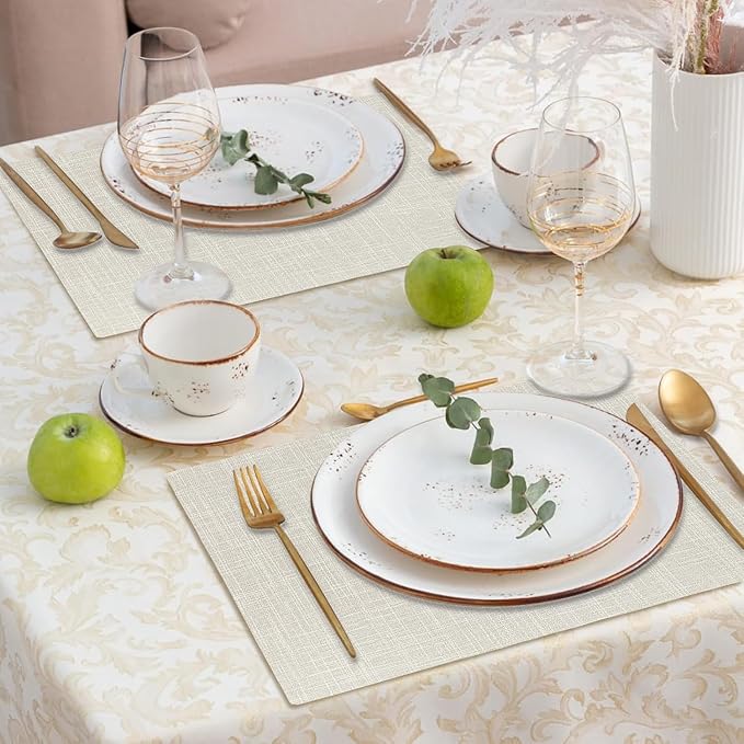 Beige Cloth Placemats Set of 6 - Washable Dining Table Mats Cloth Place Mats for Kitchen Place Mats Rectangle Farmhouse Fall Placemats for Indoors & Outdoors, Easy to Clean 12 x 18 Inch