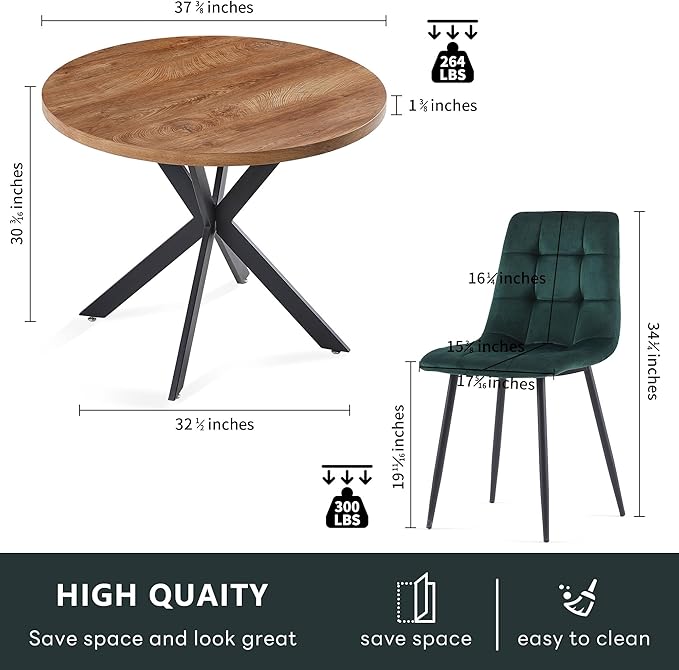 37" Round Table Set for 4 Person, Modern Kitchen Table Set, Imitation Wood Dining Table with Space Saving Dining Chairs, Dark Green Velvet Side Chairs