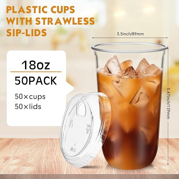 Baderke 50 Pcs Plastic Cups with Sip Lids Round Bottom Disposable Plastic Coffee Cups with Lids Clear Strawless Crystal Mugs for Iced Coffee Smoothie Cold Beverage Party Catering Supplies (18 oz)