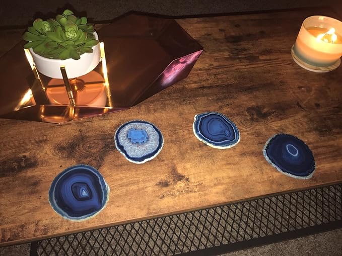 AMOYSTONE Blue Agate Coasters Set of 4, 3-3.5 Inch Stone Coasters with Rubber Bumpers, Valentine's Day Gift for Her, Modern Coffee Table Decor, Birthday Present