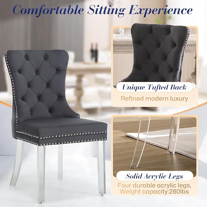 KCC Velvet Dining Chairs Set of 2, Upholstered Tufted Wingback Dining Room Chair with Nailhead Back Ring Pull Trim Solid Acrylic Legs, Contemporary Nikki Collection Style for Kitchen, Grey