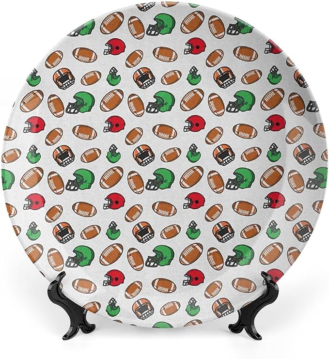 Ceramic Display Plate, American Football Ceramic Hanging Decorative Plate, Cartoon Style Rugby Icons Balls American, 6 Inch, Household Custom Ceramic Plate, Multicolor