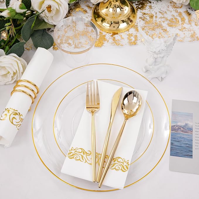 MirthMood 210Pcs Clear and Gold Plates for 30 Guests, Plastic Plates for Party, Includes:30 Dinner, 30 Dessert, 30 Paper Towels with 90 Silverware & 30 Cups