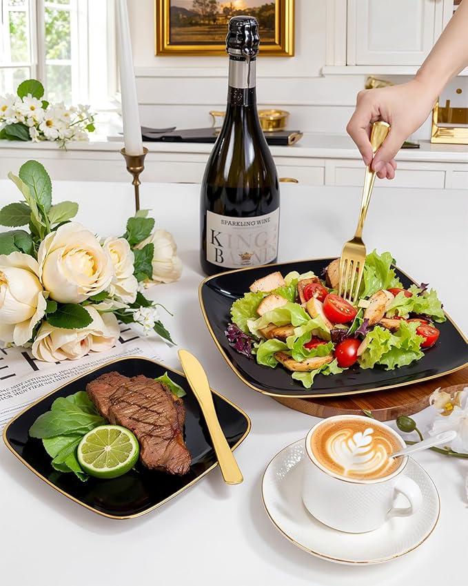 bUCLA 50PCS Black and Gold Plastic Plates - Square Black Gold Plastic Disposable - Include 25 Dinner & 25 Dessert Plates, Ideal for Party & New Year