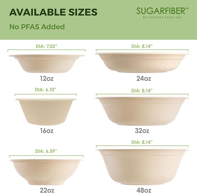 [500 COUNT]Harvest Pack PFAS FREE 32oz Compostable Round Paper Bowls, Heavy-Duty Eco-Friendly Disposable Bagasse Large Soup Bowls, sugarcane made for Meal Prep Takeout Dinnerware, Microwave Safe