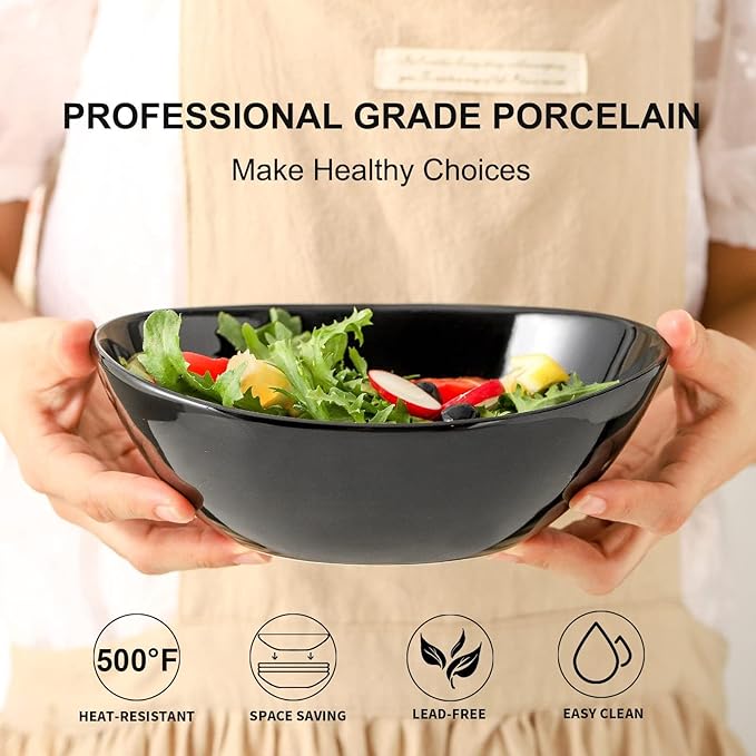 Hasense Serving Bowls, 28 oz Salad Bowls Porcelain Serving Dishes Set of 4 for Salads，Cereal,Soup,Pasta, Microwave and Dishwasher Safe, Black