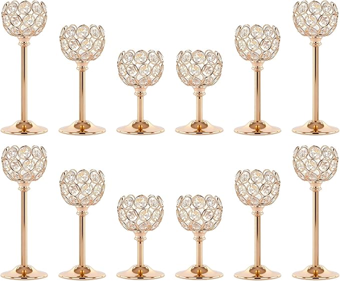 Crystal Candle Holders 4 Set of 12 - Gold Vintage Hollow Ball Candle Stand for Table Centerpiece, Crystal Metal Tealight Candlestick for Wedding, Dining Room Decor