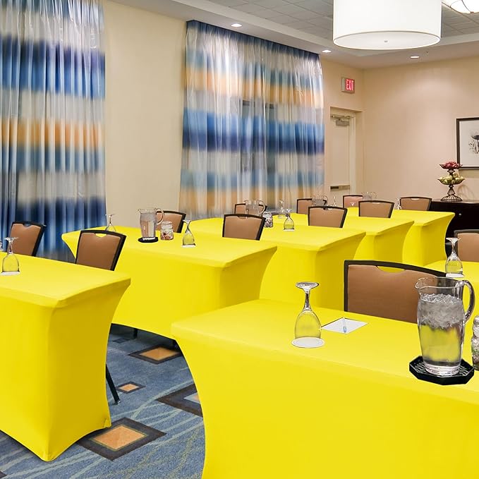 Spandex Table Cloths for 8 Foot Rectangle Tables-6 Pack Fitted Stretch Yellow Table Covers-Elastic Folding Tablecloths for Party, Vendor Booth Display, Banquet Buffet Event, Craft Trade Show