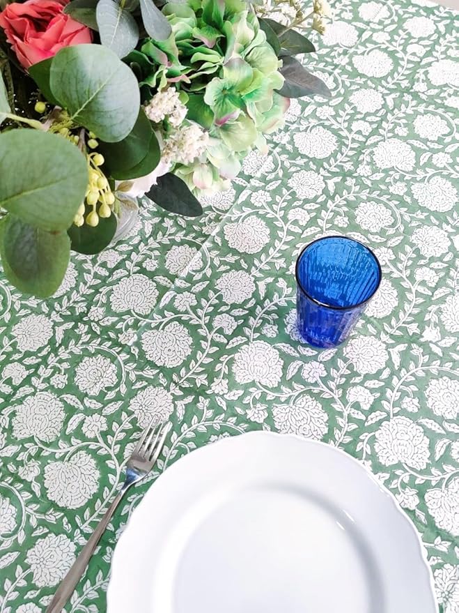 ATOSII Shalimar Green 100% Cotton Rectangle Fall Tablecloth, Handblock Floral Table Cloth Linen for Kitchen Dining I Parties Wedding Outdoors Christmas Thanksgiving I Fall Home Decor 60 X 108 Inches
