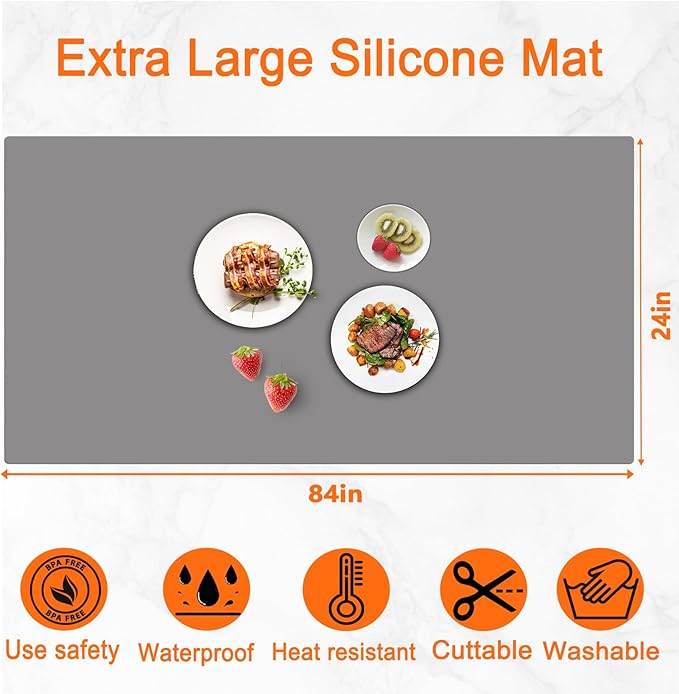 84''x24'' Extra Large Silicone Mat for Kitchen Counter, Heat Resistant Countertop Protector, Non-Slip Waterproof Kitchen Island Mat, Easy to Clean, Black