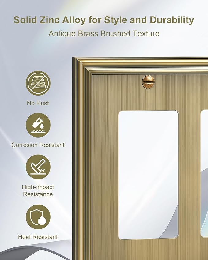 2-Pack Decorative Tripple Decorator Outlet Cover Plate, Durable Zinc Alloy Antique Brass Wall Plate for Electrical Outlets, Receptacle, GFCI Outlet, Dimmer Switch, 3-Gang, Corrosion Resistant