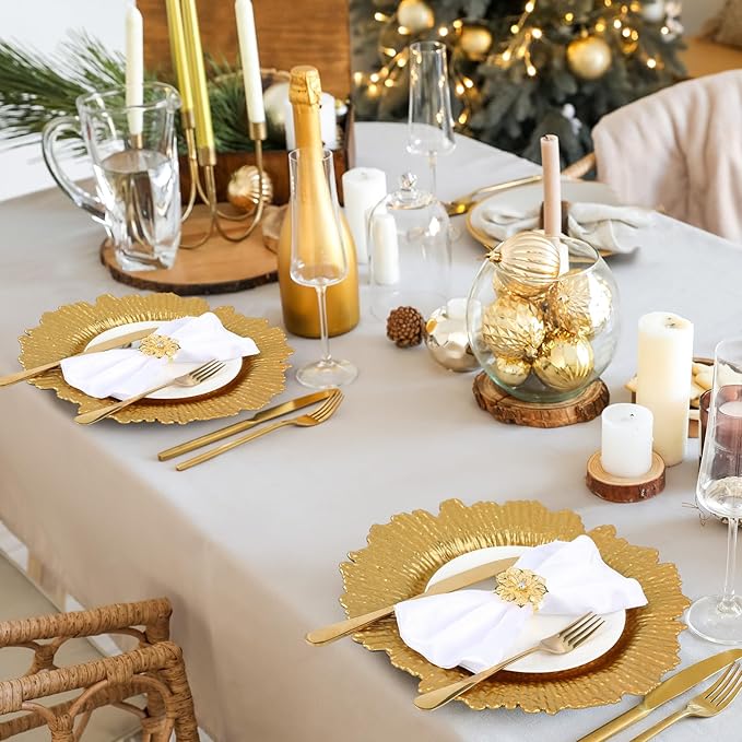 Dandat 24 Pcs Charger Plate Bulk 13'' Floral Reef Plates with Napkin Ring Plastic Dinner Charger Hollow Out Flower Napkin Holder Plastic Plate for Table Setting Wedding Party (Gold)